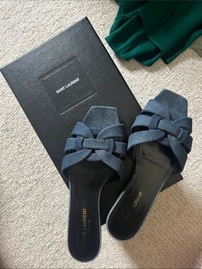 Saint Laurent Denim Blue Tribute Sandals Sz 37